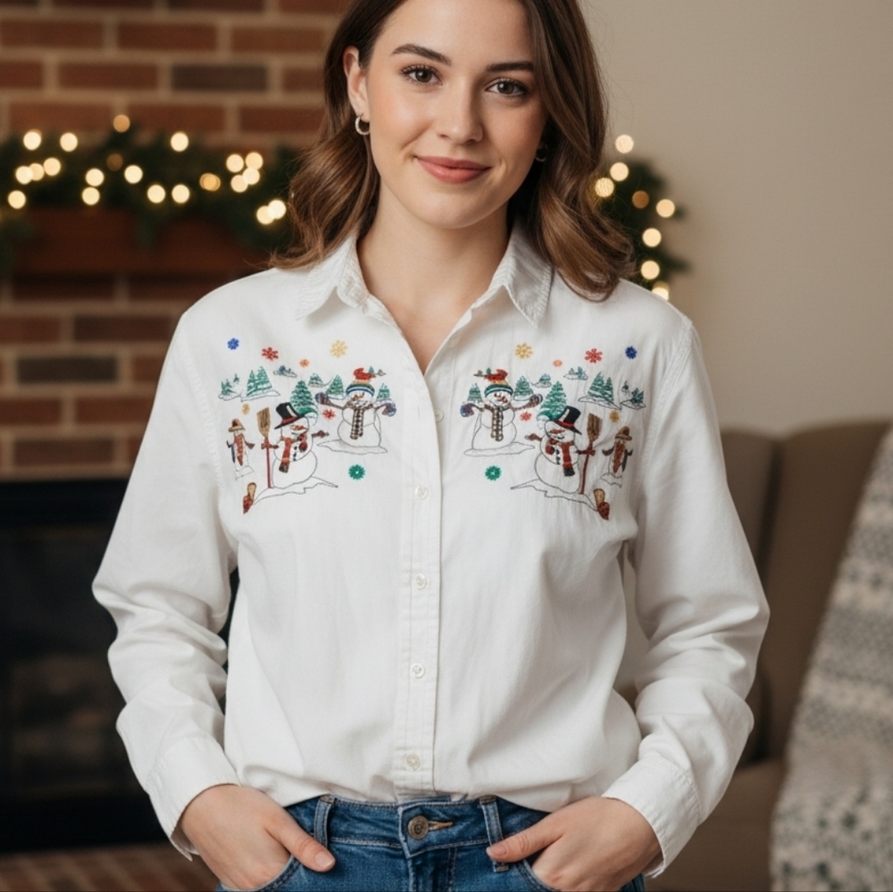 Et Al Snowman Embroidered White Button-Up Shirt